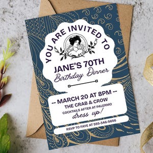 Invitación editable a cena de cumpleaños vintage / Plantilla Canva de estilo Art Nouveau o Regencia / Invitación elegante para fiesta de 70 años / Descarga instantánea imagen 4