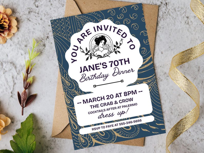 Invitación editable a cena de cumpleaños vintage / Plantilla Canva de estilo Art Nouveau o Regencia / Invitación elegante para fiesta de 70 años / Descarga instantánea imagen 4