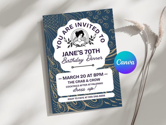 Editable Vintage Birthday Dinner Invitation | Art Nouveau or Regency Canva Template | Elegant 70th Party Invite | Instant Download