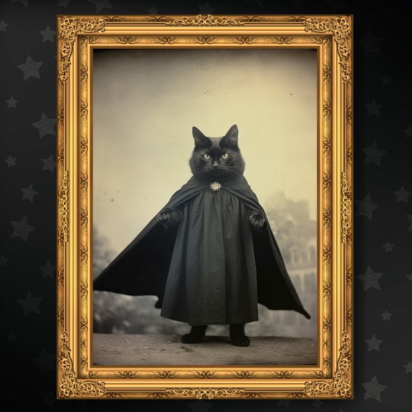 Printable Spooky Black Cat in a Cape Instant Download, Halloween Wall Art, Dark Academia Home Decor, Vintage Gothic, Witch Familiar Art