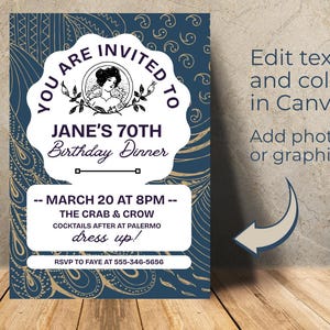 Invitación editable a cena de cumpleaños vintage / Plantilla Canva de estilo Art Nouveau o Regencia / Invitación elegante para fiesta de 70 años / Descarga instantánea imagen 2