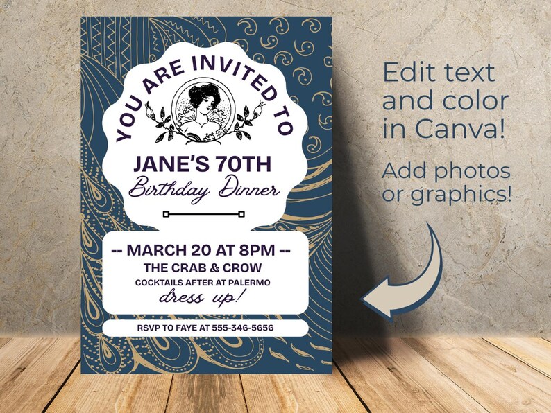 Invitación editable a cena de cumpleaños vintage / Plantilla Canva de estilo Art Nouveau o Regencia / Invitación elegante para fiesta de 70 años / Descarga instantánea imagen 2