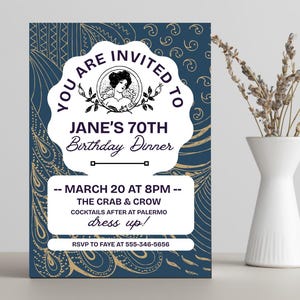 Invitación editable a cena de cumpleaños vintage / Plantilla Canva de estilo Art Nouveau o Regencia / Invitación elegante para fiesta de 70 años / Descarga instantánea imagen 5