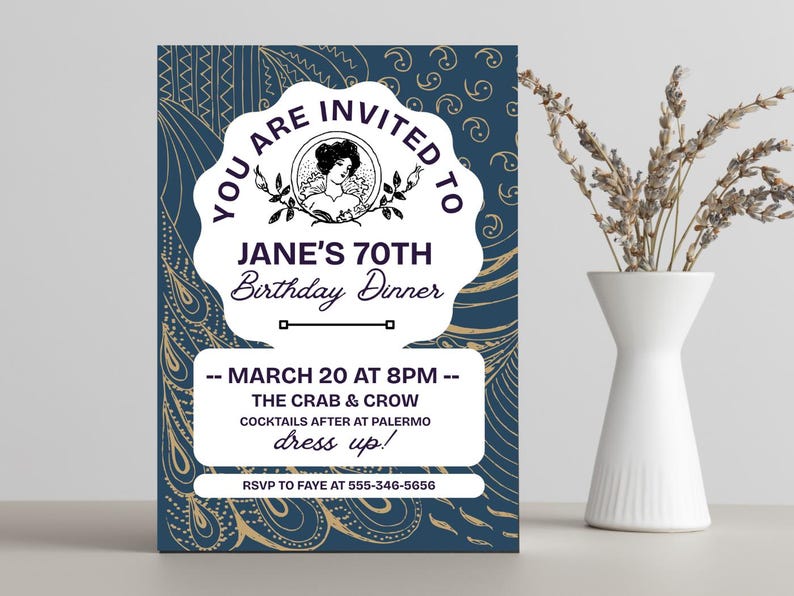 Invitación editable a cena de cumpleaños vintage / Plantilla Canva de estilo Art Nouveau o Regencia / Invitación elegante para fiesta de 70 años / Descarga instantánea imagen 5