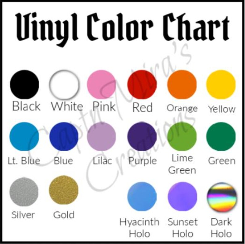 May include: Vinyl colour chart featuring 18 different colours, including black, white, pink, red, orange, yellow, light blue, blue, lilac, purple, lime green, green, silver, gold, hyacinth holo, sunset holo, and dark holo.