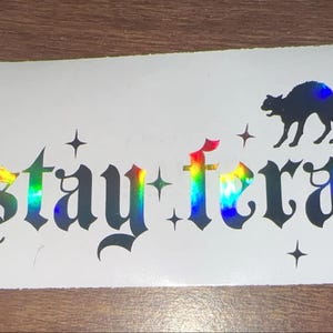 May include: A white sticker with a black silhouette of two cats and the text "stay feral" in a gothic font. The sticker has a rainbow iridescent finish.