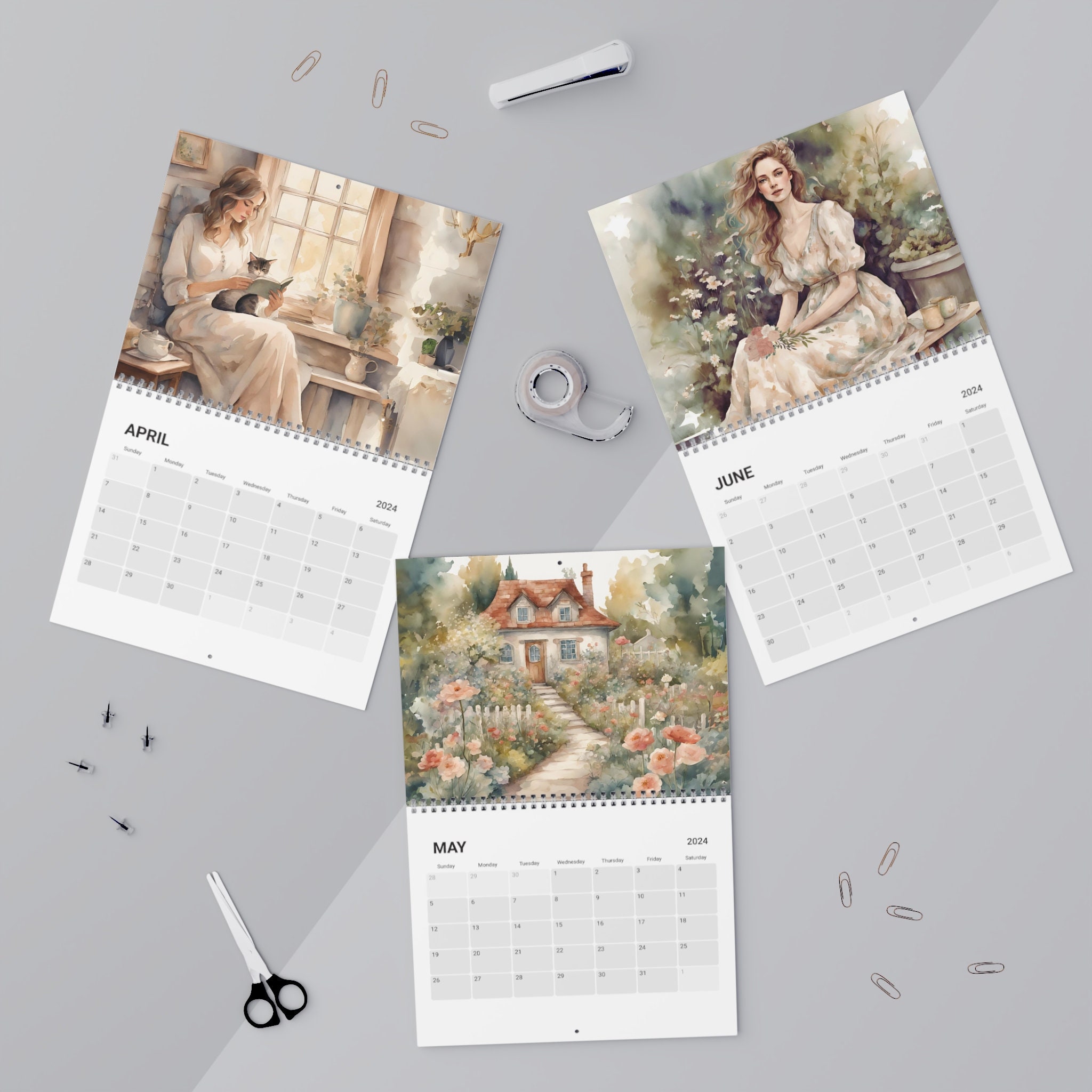 Cottagecore Calendar, 2024 Calendar, Watercolor Calendar, Light Cottagecore Calendar, 2024 Calendar, Watercolor Calendar, Light