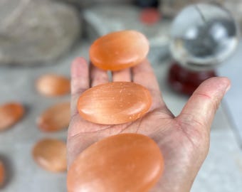 Turkish Mandarin Selenite Palm Stone: Anxiety Relief Crystal | pocket stone | worry stone | thumb stones | protection stones | stress relief