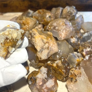 May include: A collection of raw, uncut agate stones. The stones vary in size and shape, with a mix of translucent and opaque sections. Colors include shades of brown, tan, and cream, with some areas showing golden and white inclusions. The stones are rough and natural.