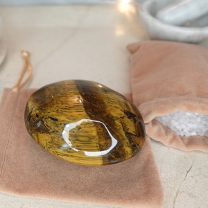 Tiger Eye Palm Stone: Polished Carved Crystal for Anxiety Relief