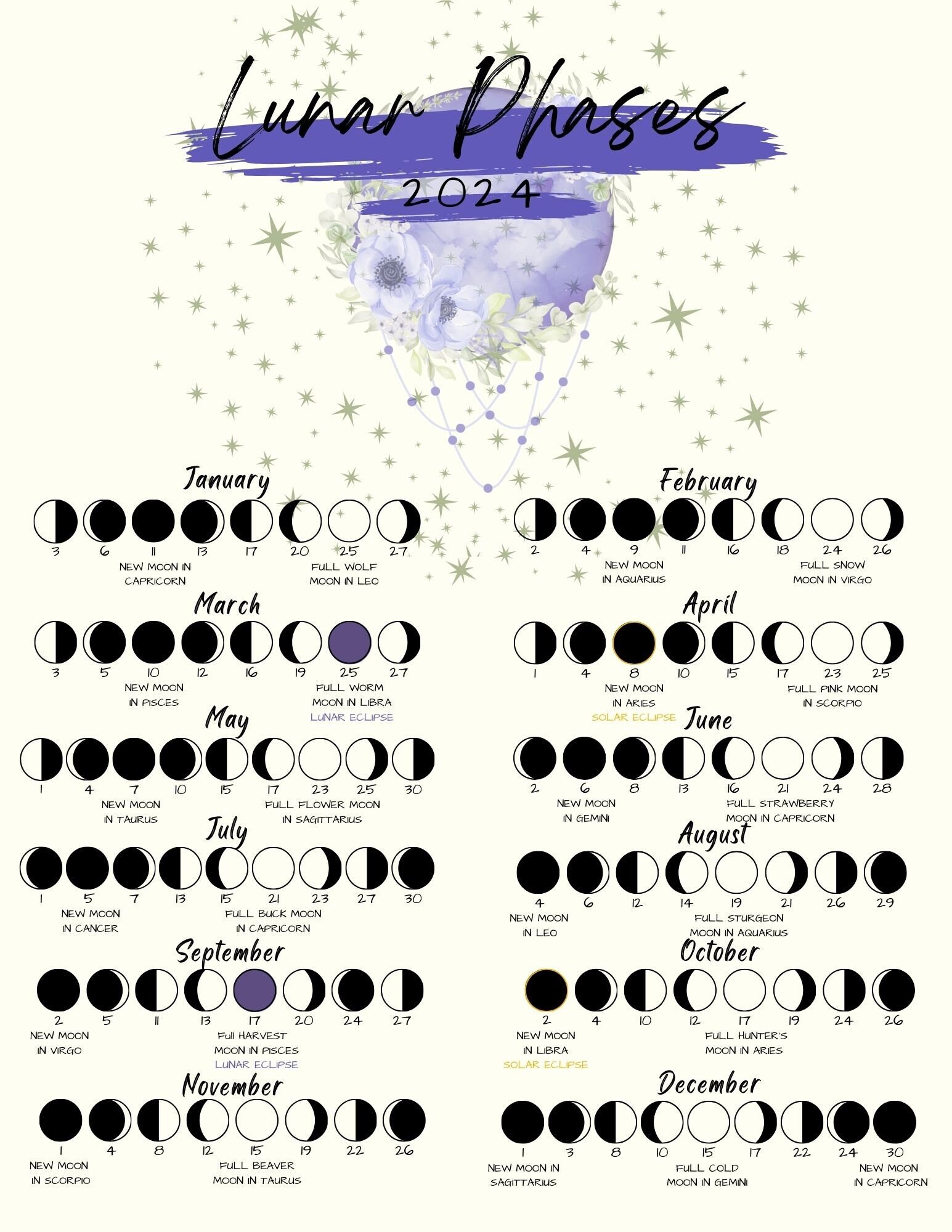 2024 Moon Phase Calendar, Lunar Phase Calendar, Letter Size, Printable