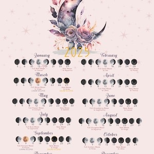 Calendario de fases lunares 2025, Calendario de fases lunares, Tamaño carta, Imprimible, PDF