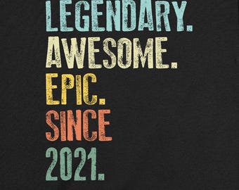 Camiseta de 5.º cumpleaños para niños de 5 años, atuendo para el quinto cumpleaños, camiseta para niños y niñas, camiseta juvenil, legendaria, impresionante, épica, 2021