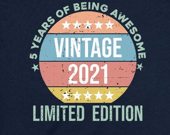 Camiseta de quinto cumpleaños para niño, niña de 5 años, personalizada, vintage, 2021