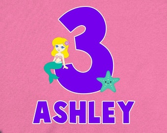 Girls 3rd Birthday Shirt Mermaid T Shirt Custom Name Three Birthday 3 Year Old Birthday Gift Mermaid Outfit Personalized TShirt - BG684