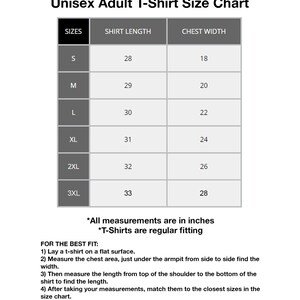 May include: Unisex adult t-shirt size chart with measurements in inches for sizes S through 3XL. The chart shows shirt length and chest width.