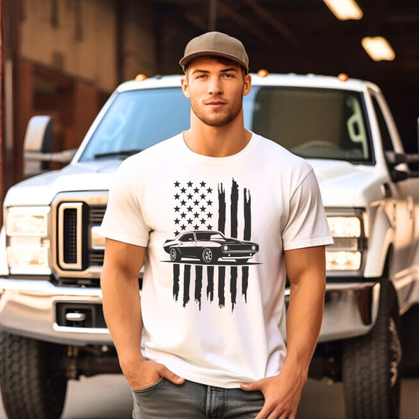 T-shirt de voiture old school avec drapeau américain | Cadeau patriotique | voiture vintage | Chemise Camaro rétro | Cadeau pour papa