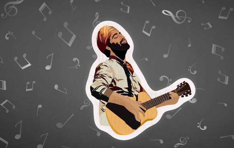 K&ouml;nnte beinhalten: Illustration eines Musikers, der eine Akustikgitarre spielt, mit einem freudigen Ausdruck. Das Bild zeigt eine hellfarbige Gitarre und eine Figur mit Turban und gemustertem Hemd vor einem grauen Hintergrund mit Noten.