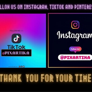 K&ouml;nnte beinhalten: Grafik mit dem Text &bdquo;FOLGEN SIE UNS AUF INSTAGRAM, TIKTOK UND PINTEREST&ldquo; und &bdquo;DANKE F&Uuml;R IHRE ZEIT&ldquo;. Es enth&auml;lt auch die Instagram- und TikTok-Logos mit dem Benutzernamen @PIXARTIKA.