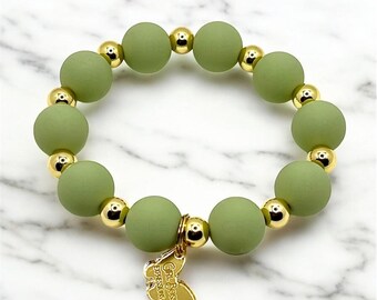 Chunky Sage Green Bracelet with Gold Butterfly Charm | Stackable Statement Jewelry