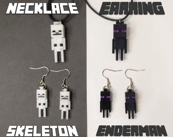 Pendiente, Collar Enderman y Esqueleto Minecraft / Juego de Pixel Pendiente y Collar / Bebé Enderman y Esqueleto / Regalo Hecho a Mano