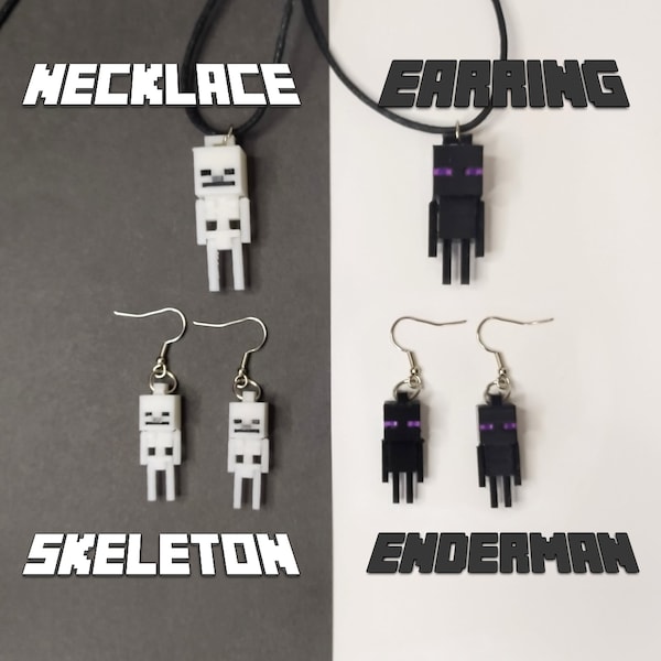 Earring, Necklace Enderman and Skeleton Minecraft | Pixel Game Earring and Necklace | Baby Enderman and Skeleton | Handmade Gift