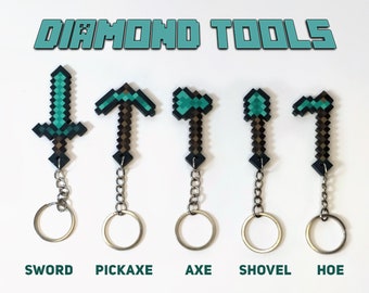 Diamond Tool Keychains Minecraft | Sword, Pickaxe, Axe, Shovel, Hoe | FREE SHIPPING to US | Handmade Gift