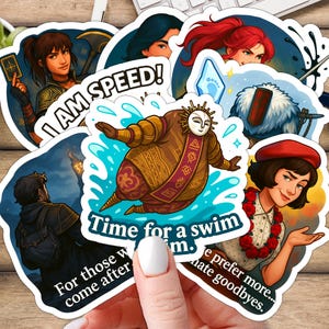 May include: A collection of colorful stickers featuring various illustrations and text. One sticker reads "I AM SPEED!" Another says "Time for a swim". Other stickers include images of characters and phrases like "For those who come after".