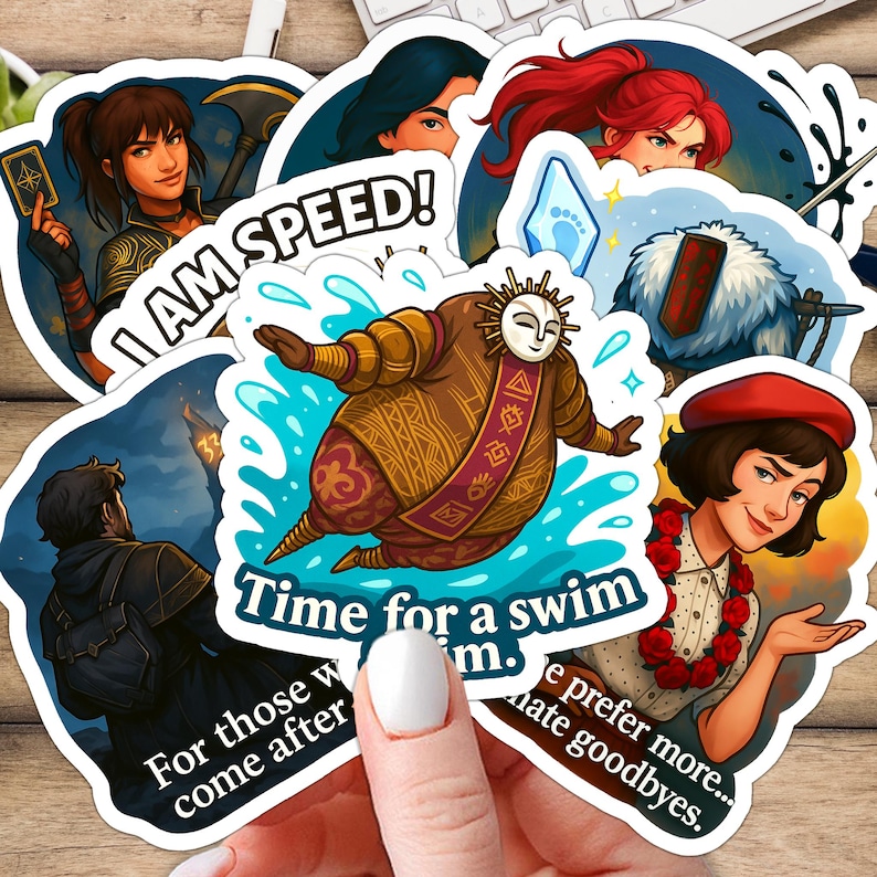 May include: A collection of colorful stickers featuring various illustrations and text. One sticker reads "I AM SPEED!" Another says "Time for a swim". Other stickers include images of characters and phrases like "For those who come after".