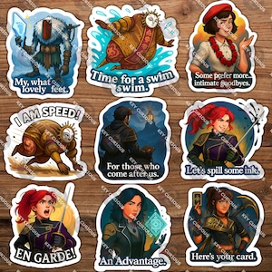 May include: A collection of nine colorful stickers with various illustrations and text. The stickers feature characters and phrases like "My, what lovely feet," "Time for a swim," and "Let's spill some ink." The stickers are on a wooden surface.