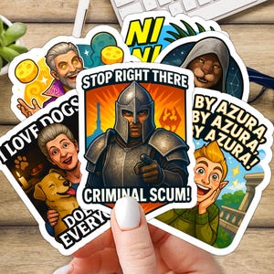 May include: A set of nine stickers featuring various illustrations and text. The stickers include a knight in armor, a dog, a person with a dog, a person with a cat, a person with a dragon, and a person with a sword. The text on the stickers includes "I love dogs", "Stop right there", "Criminal scum", "By Azura", and "Do every".