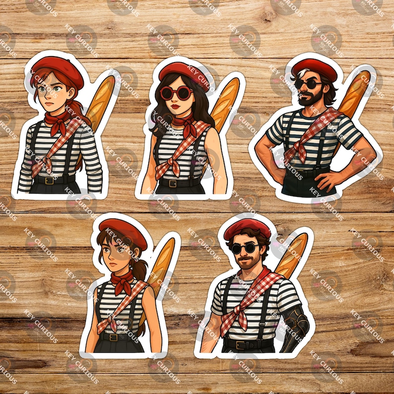 May include: A collection of five stickers depicting cartoon figures in French outfits. Each character is wearing a red beret, a striped top, and carrying a baguette. The characters have various hairstyles and accessories, including sunglasses and a scarf. The stickers are labelled "KEY CURIOUS".