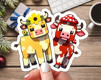 Pegatinas de vinilo de Minecraft de Mooshroom y Moobloom, pegatinas adorables de Pixel Game, resistentes al agua, con una vaca de hongo amarilla y roja.