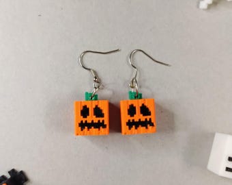 Pendientes y collar de calabaza de Halloween / Inspirados en Minecraft / Accesorios para juegos de píxeles / Regalo hecho a mano