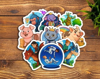 Pegatinas de vinilo con temática de Split Fiction / En cápsula, Dragón Azul, Dragón Rojo, Rey Helado, Gorila, Hada, Árbol, Elefante, Cerdo Arcoíris, Cerdo Slinky