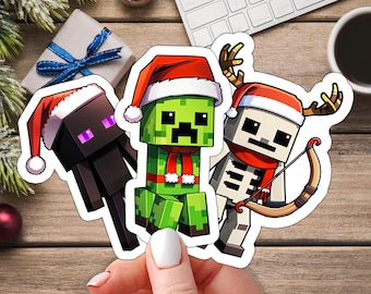 Pegatina navideña de Minecraft, pegatina navideña de juego pixelado, Creeper, Enderman, esqueleto, zombi, araña, resistente al agua.