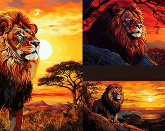 Könnte beinhalten: Eine Collage aus vier künstlerischen Illustrationen, die einen Löwen in einer Savannenlandschaft bei Sonnenuntergang zeigen. Die Bilder zeigen einen Löwen mit dichter Mähne vor einem Hintergrund aus orangefarbenem Himmel, Bäumen und Bergen.