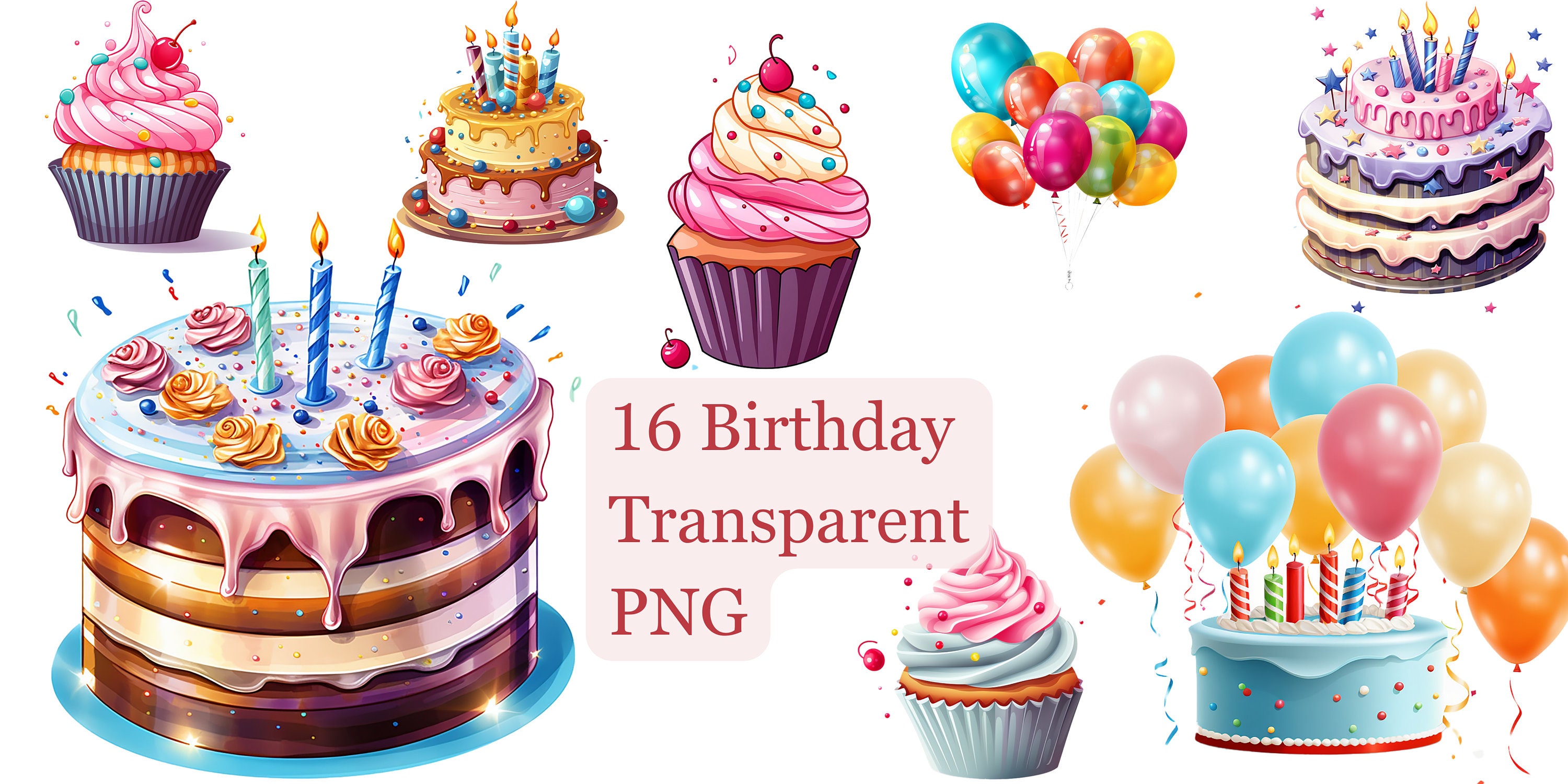 Birthday Party Cartoon Clip Art Bundle 16 Transparent PNG Images of