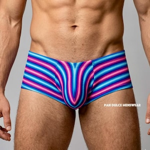 May include: A pair of low-rise swim trunks with a vibrant striped pattern in shades of blue, pink, and purple. The trunks feature a snug fit and the text "PAN DULCE MENSWEAR".
