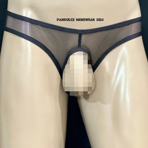 Puede incluir: Ropa interior de malla negra con un recorte en la parte delantera. La ropa interior está en un maniquí blanco.