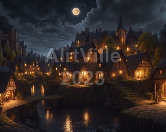 Fantasy Village at Night | DnD Landscapes | Digital Art Bundle