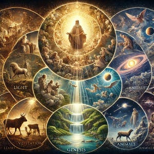 May include: A colourful, circular illustration depicting the creation story from the book of Genesis. The centre of the image features a golden light with a figure of God standing in the light. The image is surrounded by concentric circles with scenes from the creation story, including light, vegetation, animals, and angels.
