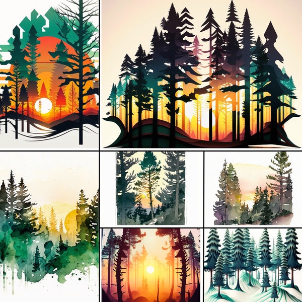 Sunrise & Sunset Pine Tree Forest Clip Art - PNG Instant Download for Commercial Use