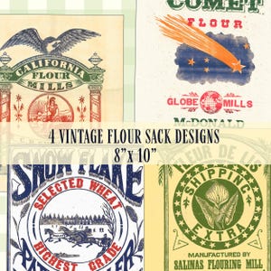Vintage Flour Sack Labels Printable Set of 4 8x10 Farmhouse Wall Art Digital Download Farmhouse Aesthetic Cottagecore Decor Instant Download