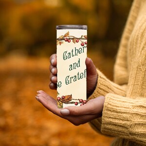 Gather and Be Grateful Tumbler Wrap | Fall Sublimation PNG | Thanksgiving Skinny Tumbler Design | Autumn Harvest Pumpkins & Apples