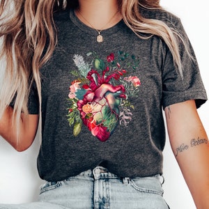 Anatomical Floral Heart T-shirt, Floral Nurse Shirt, Womens Graphic Tee, Heart Graphic Tee, Floral Human heart Clothing Gift For Nurses