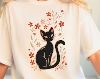 Orange Floral Black Cat Boho Shirt, Trendy Tee, Cat Lover T-Shirt, Spring sweatshirt, Plant Lover Succulents Tank Top, Gardening Flowers Tee