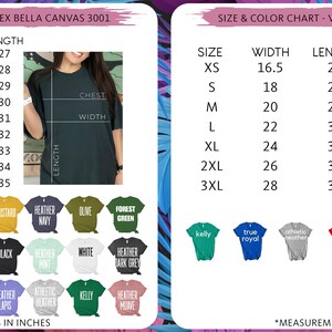May include: Size and color charts for unisex Bella Canvas 3001 and V-neck Bella Canvas 3005 t-shirts. Charts display measurements in inches for width, chest, and length, along with a variety of color options.