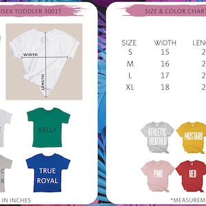 May include: Size and colour chart for unisex toddler and youth t-shirts. The chart shows the width and length measurements in inches for each size. The colours available are: Mauve, White, Kelly, Black, Athletic Heather, True Royal, Athletic Heather, Mustard, Black, White, Pink, Red, Heather Dark Grey, and Royal.