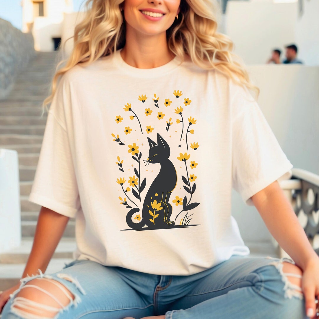 Floral Black Cat Boho Shirt, Trendy Floral Tee, Cat Lover T-shirt ...